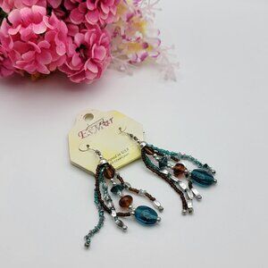 Vtg. Esmor Blue & Amber Glass Tassel Drop Earrings Silver Tone French Wire 2.5"